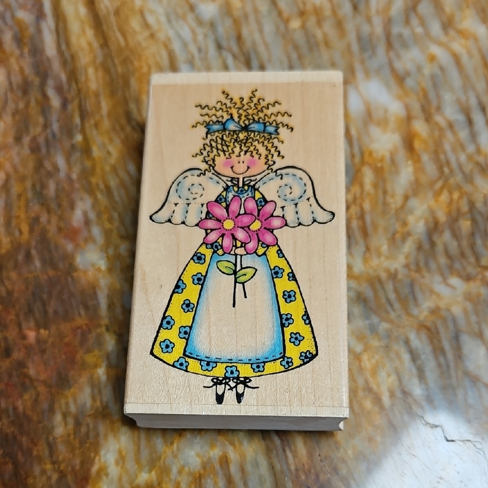 Wooden Angel Rubber Stamp with Pink Flowers